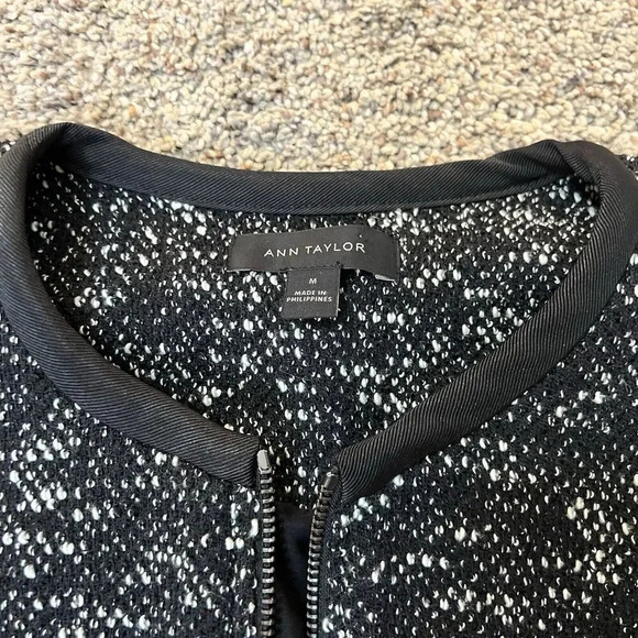 Ann Taylor Club Monaco Boucle Jacket Coat Leather Tweed Zipper Elastic Waist‎ M - Picture 2 of 13